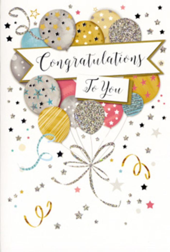 This richly detailed congratulations card feels like a keepsake you might find displayed on a mantelpiece in an Orpington home after a big achievement, perhaps just around the corner from Petts Wood or near the station. The design centres on an airy bouquet of illustrated balloons, gently overlapping as they float upward, each one rendered in a soft, luminous palette of gold, silver, champagne, sky blue, blush pink, and gentle dove grey. Delicate metallic accents-fine stripes, dainty stars, and glittered patterns-give each balloon its own character while maintaining a cohesive, festive mood. Their tails are drawn as slim gold and silver ribbons, elegantly curling downward and crossing over one another like the carefully tied stems of a florist's celebratory arrangement. A flowing banner sweeps across the middle of the card, bearing a refined Congratulations To You message in graceful, slightly ornate script, lending the artwork an air of sophistication that feels right for graduations, promotions, or special milestones. Around the central motif, the pale background is alive with tiny metallic stars, swirling ribbons, and confetti motifs that create a gentle sense of movement, as if the scene is caught mid-celebration. Imagined as a tactile piece, you can almost sense the contrast between the smooth card stock, the raised glitter detailing, and the glossy ink, adding depth and interest under your fingertips. Crafted with the same attention to detail a local Orpington florist would give to a bespoke bouquet, this card visually conveys joy, pride, and heartfelt admiration without needing many words.