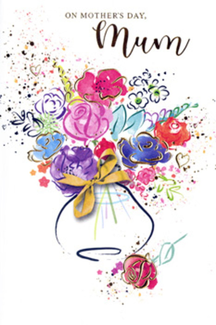 In this expressive Mother's Day card, a watercolour bouquet seems to bloom straight off the paper, echoing the free-spirited feel of flowers gathered from Orpington's tree-lined streets. At the heart of the illustration, rich cerise and fuchsia blooms mingle with deep purple and indigo petals, their forms suggested more by sweeping brushstrokes than by strict outlines. A constellation of apricot, chartreuse, and pale blue touches peeks between the larger blossoms, hinting at smaller filler flowers and fresh foliage that you might find in a carefully crafted local arrangement. Fine lines of gold glimmer along petal edges and leaf veins, not overpowering the design but adding a gentle sparkle, like low evening light glancing across shop windows on Orpington High Street. The bouquet gathers into a gracefully curved vase, painted in soft washes that fade into the white background. Around the neck of the vase, a neat golden bow holds everything in place, a nod to the way we secure our hand-tied bouquets before they head out for delivery across Crofton, Petts Wood, or St Mary Cray. Surrounding the main cluster, playful specks of colour and faint heart motifs drift outward, suggesting petals in motion and the warm, affectionate thoughts swirling around any mum on her special day. The whole composition feels both spontaneous and measured, as if an artist-florist first sketched a design at the counter and then let water and pigment bring it to life. It reads like an intimate thank-you note in floral form, a card that captures the lasting memory of being cherished and seen.
