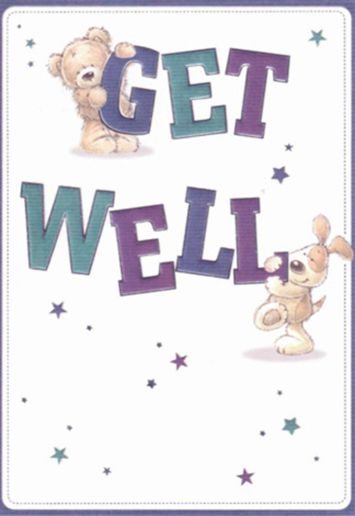 Bursting with gentle encouragement, this get well card illustrates the healing power of kindness with a whimsical touch unique to Orpington's sense of community. At the heart of the scene, a friendly bear and a playful puppy bask in a shower of dreamy stars, their fur depicted with such care you can almost feel the plush, velvety softness beneath your fingertips. The confident, hand-lettered 'Get Well'-rendered in gradients from deep purple to rejuvenating aquas-anchors the composition, radiating reassurance much like a hand-tied bouquet prepared on a calm afternoon in the Orpington countryside. Each star seems to float like a whispered wish across the card, infusing the space with an airy, uplifting mood reminiscent of spring light spilling over Orpington's historic market square. Thoughtful details in the bear's gentle gaze and the puppy's floppy ears create a tactile, soothing presence that rivals the comfort of fresh blooms. Sending this card-perhaps alongside a bouquet curated by a local Orpington florist-promises to lift spirits and send a wave of heartfelt warmth throughout the recovery journey, no matter the recipient's age.
