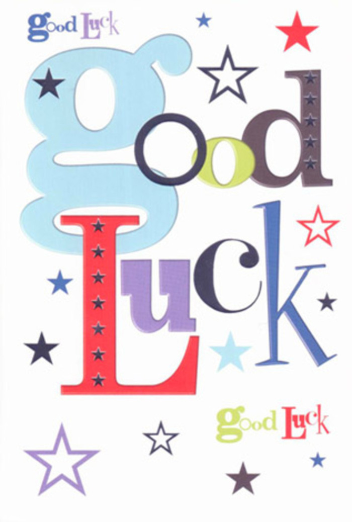 In this image, a vibrant good luck card is captured in soft, even lighting, allowing every colour and detail to stand out against its immaculate white backdrop. The words Good Luck stretch confidently across the centre, arranged in a lively mixture of fonts that feel almost spoken aloud-some broad and pastel blue, others tall and charcoal-black, others still painted in jubilant reds, earthy greens, and velvety purples. The letters don't strictly line up; instead they tilt and vary gently in width, much like stems in a hand-tied bouquet that's been allowed to keep its natural movement. Between and around these letters, tiny bursts of colour appear in the form of stars-some neatly printed, others softer at the edges-scattered as if they've floated down from an Orpington evening sky. Navy, indigo, sky-blue, lilac, lavender, and muted lime stars form playful clusters and solitary accents, giving a sense of depth and motion, like confetti caught in a breeze on Station Road after a celebration. The card's surface looks smooth and modern, with a matte finish that avoids glare and enhances the crispness of the print. You can almost imagine the subtle drag of your fingertips as you trace each letter, feeling the steady reassurance behind the message. The generous white space framing the design acts the way fresh greenery does in a floral arrangement: it allows every colour to shine without crowding, creating a composition that feels both contemporary and heartfelt. Emotionally, the card feels like a friendly voice from the sidelines-encouraging, warm, and quietly confident-perfect to accompany a bouquet sent across Orpington for first-day nerves, driving tests, or any leap into something new and unknown.