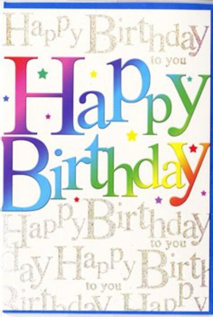 The birthday card in this image radiates joyful energy, almost like stepping into a festive Orpington café where balloons and bunting line the windows. At the centre, the words Happy Birthday sweep across the card in tall, rounded letters, each letter alive with a distinct colour that flows seamlessly into the next. The gradient rises and falls from juicy crimson and magenta, through coral, mellow orange, bright spring green, azure and royal blue, and finally into a golden lemon tone that feels as warm as afternoon light over Orpington's Priory Gardens. The colours are rich but smoothly blended, giving the impression of soft brushstrokes or airbrushed ink, with a subtle sheen that suggests a premium, satin finish. The lettering is authoritative yet friendly, like a cheerful announcement at a community celebration. Behind this vivid statement, the background offers a calmer counter-melody: an off-white or pale ivory surface, gently veiled in repeating lines of small, looping gold cursive that read Happy Birthday to you. The script curls and sways like fine ribbon, delicately glittered so that each word glints when the card tilts, reminiscent of fairy lights twinkling in a window along Orpington High Street. The repetition of the phrase feels like a chorus of voices quietly singing in unison, wrapping the central message in warmth. Minute sparkles and flecks of metallic detail punctuate the negative space, adding a sense of depth without overwhelming the design. It's the kind of card you might buy along with a hand-tied bouquet for delivery to a loved one in Orpington or nearby Locksbottom, knowing the card alone sets a tone of heartfelt celebration and thoughtful care.