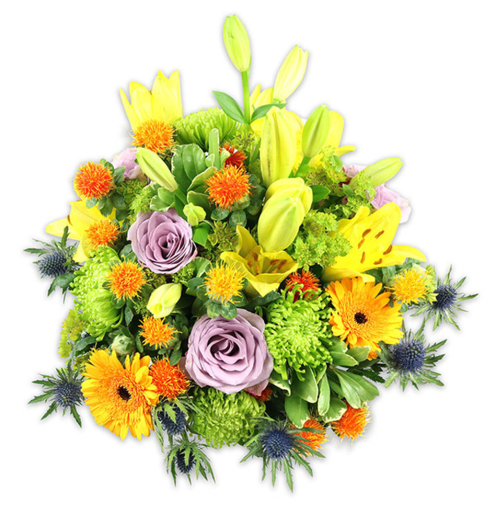 Against a spotless white backdrop, this abundant floral composition reads as an intentional study of colour, texture and form, quiet in its professionalism but exuberant in spirit. Several yellow Asiatic lilies command attention with their wide, speckled blooms and elongated chartreuse-yellow buds that lift the silhouette skyward, while tender lavender-purple roses provide a cool, romantic focus with softly unfurling petals. Vivid orange Gerbera daisies punctuate the arrangement like friendly faces, their broad petals radiating warmth, and small globe-shaped orange and golden-yellow accents - playful and slightly spiky - weave a lively rhythm through the mass of flowers. Cushiony lime-green button chrysanthemums create a ruffled foundation of volume and tactile interest, filling gaps and lending a luxuriant, almost moss-like texture. The ensemble is given depth by blue-grey sea thistles (Eryngium) whose starry, architectural forms break up the warm hues with sharp, cool contrast. A careful selection of foliage - glossy broad leaves, narrower spear-shaped greenery and softer filler sprigs - frames and supports each bloom, producing natural movement and a balanced, rounded profile. The light is neutral and even, bringing out the translucence of lily petals and the velvety surfaces of roses while keeping colours true. I imagine this arrangement set on a dining table in a home near Orpington Priory or resting on a mantelpiece above a condolence book at a thoughtful community gathering; it works equally well for celebration, gratitude or consolation, conveying heartfelt warmth with contemporary botanical flair and considered craftsmanship familiar to local florists.