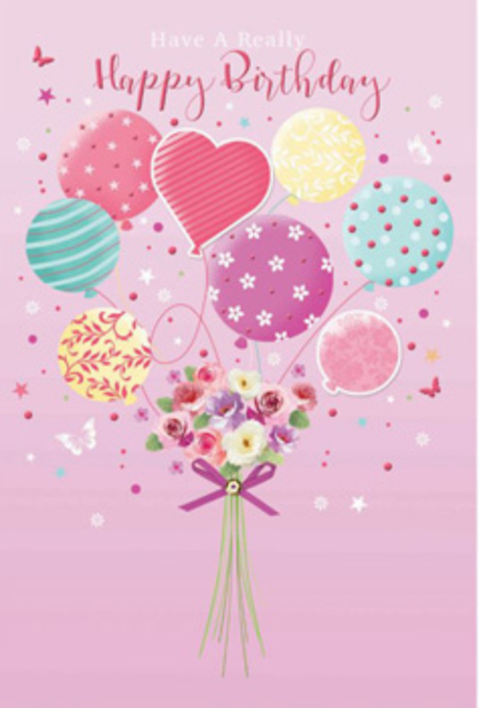 A dreamy birthday scene unfolds like a pastel sky above Orpington, where a cluster of balloons and a small bouquet seem to float gently in place, holding a moment of celebration perfectly still. The background is a soft blush pink, smooth and calming, like the first light of morning over Priory Gardens. In the centre, rounded balloons in pale sunshine yellow, rosy fuchsia, lavender, and seafoam green gather together, each one decorated with its own playful pattern-twirling ribbons, dots that scatter like confetti, and delicate floral sprays. One balloon takes on a subtle heart shape, quietly suggesting love and affection at the core of the design. Beneath this airy bouquet, a hand-tied cluster of flowers forms a compact base. Petite roses, daisy-like blooms, and anemone-style petals overlap in creamy ivory, blush pink, and gentle mauve, each petal shaded to look almost touchably soft, as if just cut from a garden off Sevenoaks Road. The blooms are bound by a tidy purple bow, its satin sheen catching the light, giving the impression of an expertly finished gift prepared for birthday delivery across Orpington. Scattered around the arrangement, slender butterflies and tiny stars drift in the air, enhancing the sense that time has paused at the happiest point of the party. The lighting is bright but tender, glancing off the balloons' glossy surfaces and warming the flowers' colours without overpowering them. The entire illustration feels like a whisper of joy-a visual birthday wish that says, in its own quiet way, that the person receiving it is cherished, celebrated, and held in fond thought close to home.