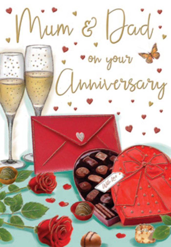 The anniversary card shown here is illustrated as a cosy, romantic vignette that could easily be imagined on a sideboard in an Orpington home after a family dinner. Two red roses, drawn with soft shading and lifelike folds, rest on the table, their stems partly hidden by lush green foliage that hints at a larger bouquet nearby. Their deep ruby colour creates a rich contrast against a gently lit background and instantly sets a tone of affection and admiration. Tucked closely alongside is a heart-shaped box of chocolates, its glossy red lid lifted to reveal carefully arranged sweets, each individual piece highlighted with small reflections that suggest smooth, indulgent coatings. An opulent bow, in the same passionate shade of red, spills gracefully over the edge of the box, adding texture and drama. Standing just behind, two slim champagne flutes brimming with golden fizz lean subtly toward each other, evoking a quiet toast between long-time partners after a stroll through Priory Gardens or a day spent with family in St Mary Cray. Tiny hearts in metallic gold and crimson drift around the central scene and frame a handwritten greeting addressed lovingly to Mum & Dad. To the side, a bright red envelope lies ready to be opened, its presence hinting at private words, perhaps recalling wedding days and milestones spent in Orpington. The entire composition glows with soft, amber-toned light, inviting the viewer to imagine the scent of roses mingling with chocolate and the gentle clink of glasses. As a florist who often helps local families mark parents' anniversaries, I recognise this as a tender visual tribute to a love that has grown deeper with each passing year.