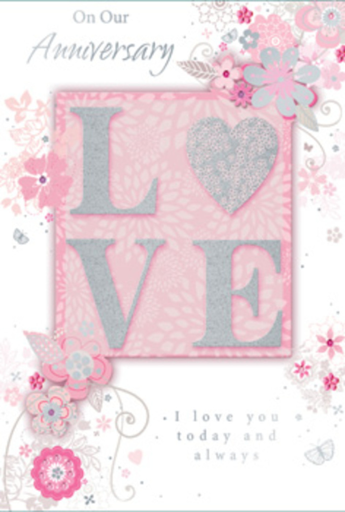 This anniversary card opens like a soft, romantic moment preserved on paper, with its design reminiscent of a delicate floral arrangement created in an Orpington workshop. The central motif, the word LOVE, is printed in letters that rise gently from the surface, their frosted glitter finish catching every shift of light, much like the subtle sparkle on a ribbon tied around a bouquet ready for delivery across Orpington. The texture invites a slow, appreciative touch, as if reading with both fingers and heart. Surrounding this word, airy, hand-drawn blooms drift along the borders and edges, their petals shaded in tones of blush pink, lilac blush, and creamy ivory. The lines are fine and expressive, suggesting quick, confident strokes from an artist or florist sketching out a new anniversary design inspired by local gardens and tree-lined streets. Intertwined with the flowers are slender sprays of leaves, looping filigree curls, and tiny, almost-hidden butterflies that evoke the flutter of emotion that comes with each passing year together. These details seem to float over a soft, light-filled background, giving the card a sense of calm space and gentle movement. Below or beside the main motif, the message I love you today and always is rendered in understated, graceful type, offering a simple yet deeply felt sentiment. The composition feels like a hand-tied bouquet translated into illustration: layered, thoughtful, and quietly fragrant in spirit. It suits couples marking an anniversary at home in Orpington, perhaps after a stroll through Priory Gardens, choosing to celebrate daily devotion as much as the big, unforgettable milestones.
