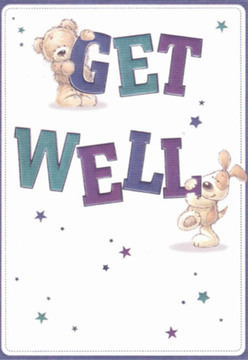 This captivating get well card artfully captures a sense of reassurance and gentle optimism, featuring two lovable characters-a cuddly teddy bear and an exuberant puppy-interacting amid a constellation of playful stars. The bear clings affectionately to the top of the word 'GET' while the puppy's nose nuzzles the base of 'WELL'; their rounded forms speak of friendliness and the comfort that comes from heartfelt wishes. Shades of deep purple and teal in the bold text pop vividly against a pristine white backdrop, reminiscent of the clarity found in Orpington's quiet parks on sunny afternoons. Each little star, scattered about, serves as a hopeful whisper, echoing the intention of each flower placed in a comforting bouquet by a local Orpington florist. The inviting textures of the illustrated fur suggest an embrace as soft and soothing as a freshly delivered arrangement on a quiet Poverest Road morning. The overall effect is one of bright encouragement-an emblem of care and connection, just as a personal delivery from Flower Delivery Orpington brings a touch of joy to those on the mend right here in our cherished community.