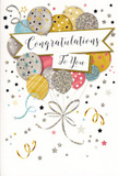 This congratulations card unfolds like a quiet yet sparkling celebration, the kind you might share after good news over coffee on Orpington High Street or following a walk through Priory Gardens. At its heart floats a joyful bouquet of illustrated balloons, each one distinct yet harmonious, layered together in gentle clusters. The balloons glow in tones of metallic gold, shimmering silver, pale champagne, sky blue, blush pink, and soft grey, all softened by a slightly pearly finish. Some are adorned with tiny star patterns, others with graceful stripes or dustings of fine glitter that catch the light in the imagination, suggesting a subtle shimmer every time the card is moved. From their bases, slim gold and silver ribbons curve and loop downward, intertwining in an elegant tangle reminiscent of the curling ribbon on a hand-tied celebratory arrangement. A refined banner drifts across the centre, bearing the message Congratulations To You in flowing, decorative script that feels both personal and timeless. Around the main design, the background is sprinkled with scattered stars, delicate swirls, and confetti-like dots, giving the impression of movement-like laughter and applause frozen on the page. The overall mood is buoyant yet sophisticated, perfectly suited to honouring milestones such as exam success, a promotion, or a new chapter in life. It's easy to imagine running a fingertip over the slightly raised glitter and smooth ink, experiencing the card as a small, sparkling token of pride and happiness shared here in Orpington.