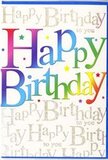 This image shows a jubilant birthday card that feels as uplifting as stepping out onto Orpington High Street on a bright market morning. Across the front, the phrase Happy Birthday is displayed in large, confident letters that dance in a full spectrum of colour, each character bathing in its own shade. The hues shift from deep cherry and scarlet through warm peach, citrus orange, fresh meadow green, and sea-toned teal into deep blue and soft yellow, creating a rainbow effect as harmonious as a well-balanced bouquet. The letters have a slightly glossy, almost satin-like finish, with gentle shading that gives them a plump, three-dimensional look, as if cut from smooth, coloured fondant or shaped balloons ready for a party. Behind this bold, central message lies a more delicate layer: a creamy, light background covered in repeating lines of tiny cursive script. In fine, glimmering gold, the phrase Happy Birthday to you is written again and again, its looping strokes reminiscent of decorative gift-wrap ribbons curling around a present picked up from a local Orpington florist. The metallic script sparkles subtly, catching light in much the same way as sunlight glints on leaves in Priory Gardens after a rain shower. Finely scattered points of shimmer enhance the sense of movement and joy, without distracting from the main message. The overall effect is lively yet tasteful, perfectly suited to accompany a fresh flower delivery to a home in St Mary Cray or Petts Wood, turning an ordinary birthday into an occasion that feels seen, cherished, and beautifully celebrated.