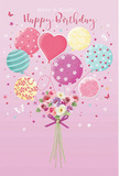 A whimsical birthday illustration shows a pastel balloon bouquet lifting a dainty cluster of flowers, as if the whole celebration is gently floating above an Orpington garden. The background is a soft pink wash, calm and inviting, giving the impression of a bright but hazy afternoon. In the upper part of the image, rounded balloons in blush pink, minty sea green, sunny yellow, and lilac purple drift together, each adorned with cheerful motifs: candy-like stripes that curve around the surface, playful polka dots that feel like scattered confetti, and small floral patterns reminiscent of the borders in Priory Gardens. Nestled among them is a heart-shaped balloon that quietly anchors the design in affection. Below, a neat hand-tied posy of roses and anemone-style blooms sits at the meeting point of the balloon ribbons, as though the flowers themselves are the weight that keeps this dreamy arrangement from floating away. The blossoms are shaded from creamy ivory at the tips to blush and mauve at the centres, their petals appearing feather-soft and newly opened. A violet satin bow wraps around the stems, tied in a careful knot that reflects the touch of an experienced local florist from Flower Delivery Orpington. Tiny stars and delicate butterflies are scattered around, like little birthday wishes fluttering in the air. Gentle light falls across the scene, catching the high gloss of the balloons and the velvety texture of the petals, creating an overall mood that is airy, sweet, and perfectly festive-ideal for sending warm birthday greetings anywhere in Orpington.