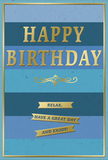 This birthday card captures a mood of gentle celebration, blending soothing colours and understated luxury in a way that would feel right at home on a mantelpiece in Orpington. The background is built from broad horizontal stripes of blue, each one a slightly different shade, moving from deep navy through mid-tone denim and teal to softer, paler blues. These layered bands create a subtle ombre effect, like looking across a calm evening sky above the rooftops near Priory Gardens. Centred on this tranquil backdrop, the words HAPPY BIRTHDAY stand out in bold, embossed gold lettering. The foil glimmers softly, catching and reflecting light with each small movement, adding a quiet sense of occasion without overwhelming the restful background. Just below the main greeting, a graceful golden flourish stretches horizontally, curling at the ends in a classic decorative pattern that evokes vintage stationery. Underneath this flourish, three slim golden banners are arranged neatly, one beneath the other, each matching the same warm metallic finish. The banners carry the gentle invitation: Relax, have a great day and enjoy! reinforcing the calm, indulgent tone. A narrow gold border traces the perimeter of the card, neatly framing the blue stripes and tying the whole design together with a hint of formality. The surface of the card looks smooth and matte, while the foiled areas appear slightly raised and reflective, adding tactile interest. Imagined beside a vase of fresh birthday flowers delivered locally, this card feels like a soft-spoken but deeply sincere wish for comfort, happiness, and a day free from rush or worry.