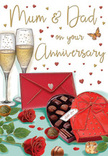 This illustrated anniversary card presents a beautifully staged scene that feels both romantic and homely, the kind of moment many Orpington families create when celebrating parents' milestones. In the foreground, two sumptuous red roses lie side by side, rendered with plush, layered petals and framed by fresh, green leaves that curl naturally at the edges, suggesting the care of a skilled florist. Their vivid crimson hue is mirrored by a heart-shaped chocolate box, its lid tipped open to display a tempting selection of chocolates, each nestled in its own little compartment. A luxurious red ribbon is tied around the box, the bow loops drawn with soft highlights that mimic satin catching the light. Two tall champagne flutes, filled with pale golden bubbles, stand close together behind the chocolates, their slender stems almost touching, like a couple sharing a quiet toast at home after a leisurely walk through Priory Gardens or along Orpington High Street. Around the central arrangement, tiny red and gold hearts float across a warm background, encircling a hand-lettered message to Mum & Dad that clearly marks this as a card for a cherished parental anniversary. A scarlet envelope, sealed and waiting to be opened, rests to one side and hints at tender words, perhaps written by grown-up children reminiscing about family gatherings in nearby Petts Wood or Chelsfield. The lighting is gentle and golden, giving the scene a soft glow that enhances the sense of comfort and gratitude. As someone who often helps customers choose roses and chocolates for these occasions, I can almost sense the mix of nostalgia, pride, and enduring love this card is designed to convey.